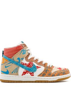 Multicoloured leather SB Zoom Dunk High PREM sneakers from Nike featuring a round toe, a lace fastening and a signature Nike swoosh. These styles are supplied by a premium sneaker and street wear marketplace. Stocking only the most sought-after footwear and clothing, they source and curate some of the most hard-to-find items from around the world. Selvage Denim Jeans, Sb Logo, Shoe Painting, Nike Sb Shoes, Painted Nikes, Nike Sb Dunk High, Painted Clothing, Selvage Denim, Sb Dunk High