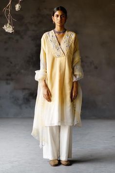 Shop for Shikha Mehta Yellow Advika Silk Chanderi Overlap Kurta Set for Women Online at Aza Fashions Yellow Indian Suit, Angarakha Kurta, Best Designer Suits, Sheer Dupatta, Yellow Kurta, Mirror Embroidery, Kurta Set For Women, Yellow Ombre, Yellow Silk