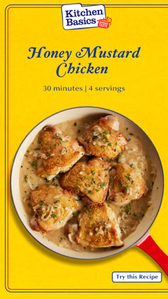 a cookbook cover with chicken and rice in a skillet on the front, which reads honey mustard chicken 30 minutes 1 servings try this recipe