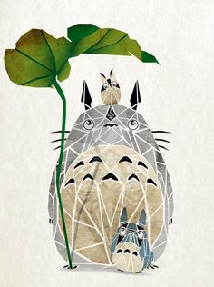 a drawing of a totoro and another animal sitting in front of a leaf