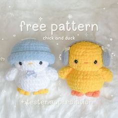 two crocheted stuffed animals sitting next to each other on a white background with the words free pattern chick and duck