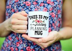 a woman holding a coffee mug with the words bride and an image of flowers on it