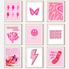 pink and white wall art with different types of items on it's walls, including posters