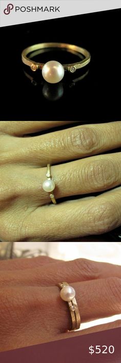 Pearl ring. 14k Yellow Gold diamond Pearl Ring. • The ring made from 14 karats solid yellow gold. • 1 White freshwater pearl size 5mm. • 2 Diamonds 0.01ct each: VS1, Color H. • Ring 1.5mm wide, 1mm thick. In some pictures, you can see the ring, with another ring next to it. 14k yellow gold pearl engagement ring with 2 diamonds on the sides. This item is handmade. It is a unique piece of jewelry, a perfect present for birthdays, anniversaries, Valentine's day, Holidays, weddings, mother's day, or Delicate Yellow Gold Pearl Ring With Diamonds, Delicate Yellow Gold Pearl Ring, Classic Pearl Ring With Single Cut Diamonds For Gift, Classic Pearl Ring With Single Cut Diamonds As Gift, Classic Pearl Ring With Diamonds For Gifts, Classic Yellow Gold Pearl Ring With Single Diamond, Anniversary Yellow Gold Pearl Ring With Diamond, Yellow Gold Pearl Ring With Single Diamond, Classic Yellow Gold Pearl Ring With Diamond