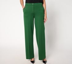 Every woman needs a pair of trousers in her closet. Made of sleek ponte knit, this version has a wide-leg silhouette that flatters the figure. This workwear essential looks oh-so nice when worn with a button-front blouse, blazer, and pumps. From Susan Graver. Green Wide Leg Dress Pants For Office, Tailored Green Wide Leg Pants For Formal Occasions, Elastane Wide Leg Pants For Work, Formal Wide Leg Straight Silhouette Pants, Formal Wide Leg Pants With Straight Silhouette, Chic Wide Leg Dress Pants For Career, Elegant Green Wide Leg Office Pants, Elegant Green Wide Leg Pants For Office, Elegant Green Dress Pants For Workwear