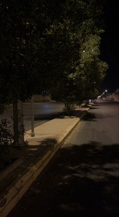 an empty street at night with no cars on it and trees lining the side walk