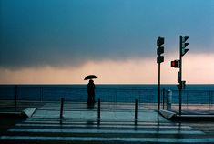 a person with an umbrella standing on the side of a road next to traffic lights