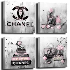 three chanel canvases with pink flowers on them