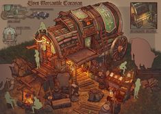 an artistic rendering of a steampunky house with lots of wood and metal