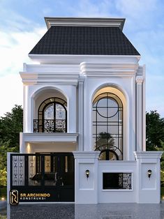 an architectural rendering of a white building with arched windows and black shutters on the second floor