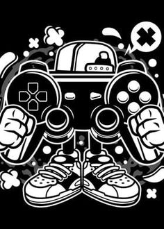 a black and white drawing of a video game controller with two thumbs up in front of it