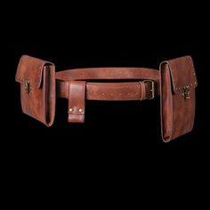 a brown leather belt with two buckles on the front and one in the back