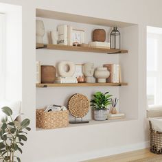 a living room filled with lots of shelves covered in vases and potted plants