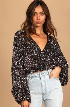 V-neck Glitter Top For Party, Glitter V-neck Top For Night Out, Embellished V-neck Top For Party, Embellished V-neck Party Top, V-neck Contrast Sequin Top For Party Season, Contrast Sequin V-neck Top For Party Season, Chic Multicolor Sequined Tops, Glamorous Multicolor Tops For Night Out, Multicolor Sequin Tops For Fall