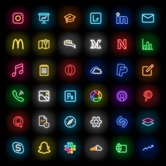 the neon icons are displayed in different colors and sizes, including one for each letter