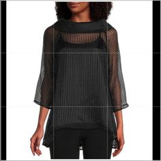 Ic Collection Cowl Neck 3/4 Sleeve Mesh Tunic Size S Spring Evening Blouse With 3/4 Sleeves, Black 3/4 Sleeve Tops For Evening, Chic Black 3/4 Sleeve Tops, Asymmetric Jacket, Pocket Tunic, Sleeveless Tunic, Create Outfits, Mesh Long Sleeve, Tunic Shirt