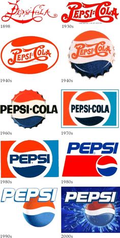 various pepsi cola logos are shown in red, white, and blue on this page