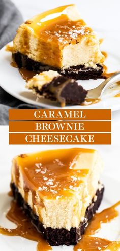 caramel brownie cheesecake on a white plate