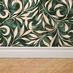 an artistic wallpaper design with green and gold swirls on a wood floor in front of a white frame