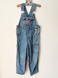 Vintage 1997 Barbie overalls with pink gemstone buttons. In excellent condition. Tagged size 5. Barbie Overalls, Cute Barbie Outfits, Barbie Merchandise, 1997 Barbie, Denim Rhinestone, Cute Barbie, Barbie Outfits, Vintage Bob, Girls Overalls