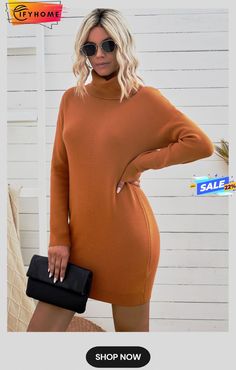 Orange Turtleneck Long Sleeve Knitted Sweater Dress Dress With Turtleneck, Orange Turtleneck, Knitted Sweater Dress, Green Turtleneck, Green Knit Sweater, Turtleneck Long Sleeve, Green Style, Grey Knit Sweater, Detailed Sweater