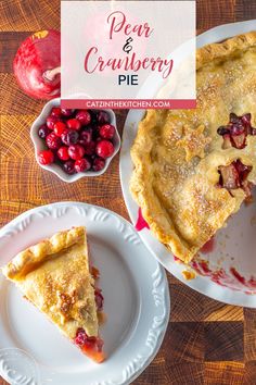 a piece of pie sitting on top of a white plate next to a bowl of cherries