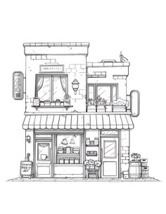 a black and white drawing of a storefront with plants on the outside, windows and awnings