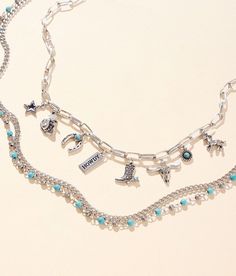 "Boutique By BKE 2 Pack Western Necklace Set - Silver 14-19;20-25, Women's Silver Multi charm necklace length measures 18" Bead and chain layered necklace length measures 20". Apparel & Accessories" Western Necklaces Beaded, Chain Layered Necklace, Country Necklace, Western Necklace, Western Necklaces, Beaded Necklace Designs, Charm Necklace Silver, The Boutique, Western Jewelry