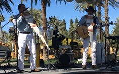 two men are playing instruments on stage in front of palm trees