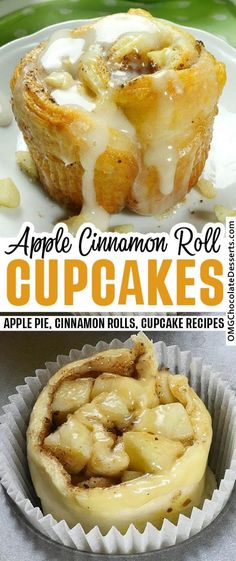 apple cinnamon roll cupcakes on a plate with the title above it that says apple cinnamon roll cupcakes