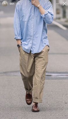 Sometimes three items are enough to look brilliant, these:  1. Light blue Oxford button-down, sleeves rolled up 2. Beige fatigue pants, cuffed 3. Brown loafers (no socks)  Accessories: - Wrist watch - Bracelet (only one and discreet)  Done! Japan Men Fashion, Fatigue Pants, Pants Outfit Men, American Casual, Brown Loafers