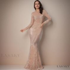 Lasaky - Sophisticated Beaded Mermaid Evening Dress for Glamorous Events Embellished Long Sleeve Mermaid Dress With Fitted Bodice, Embellished Long Sleeve Fitted Bodice Mermaid Dress, Long Sleeve Embellished Fitted Bodice Mermaid Dress, Elegant Sequin Mermaid Hem Wedding Dress, Sheath Prom Dresses With Sequins, Sequined Sheath Dress For Prom, Elegant Mermaid Evening Dress For Banquet, Elegant Sequin Dress With Mermaid Hem For Prom, Elegant Sequin Mermaid Hem Dress For Prom