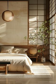 a bed sitting in a bedroom next to a wooden table and plant on top of it