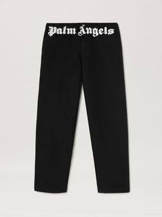 Palm Angels Jeans, Casual Logo Pants For Streetwear, Logo Cotton Pants For Streetwear, Spring Cotton Bottoms With Logo Print, Streetwear Cotton Bottoms With Embroidered Logo, Cotton Bottoms With Embroidered Logo For Streetwear, Streetwear Cotton Pants With Logo Detail, Cotton Streetwear Pants With Logo Detail, Spring Streetwear Bottoms With Logo Print