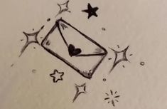 an ink drawing of a kite with hearts and stars flying in the sky above it