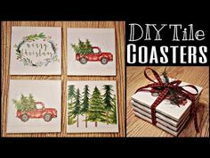 four coasters decorated with christmas trees and a red truck on them, tied in ribbon