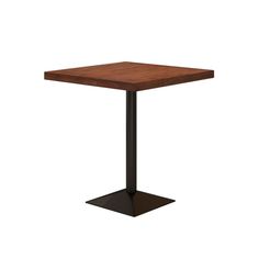 a square wooden table with an iron base