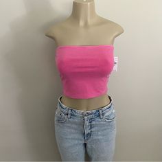 Perfect Condition Modeled On A Small/Medium Casual Pink Strapless Crop Top, Casual Pink Strapless Top, Casual Cropped Pink Tube Top, Pink Bandeau Top For Spring, Casual Pink Tube Top For Spring, Fitted Cotton Tube Top In Pink, Fitted Pink Cotton Tube Top, Hoodie Flannel, Light Blue Crop Top