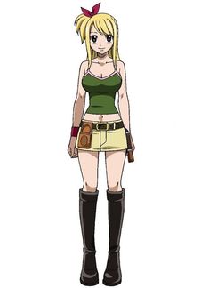 an anime character with blonde hair wearing boots and a green tank top, standing in front of