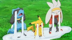 pokemon and pikachu standing next to each other in front of some poles on the grass