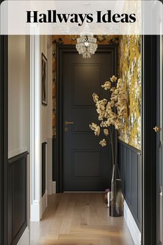 Cover the walls with a bold patterned wallpaper to create a focal point and add depth to the hallway. Victorian Hallway Wallpaper Ideas, Half Wallpaper Half Paneling Hallway, Hallway Wallpaper Accent Wall, Moody Wallpaper Hallway, Dark Hallway Decorating Ideas, Wallpaper In Wainscoting, Narrow Hallway Wallpaper Ideas, Hallway Inspiration Modern, Wallpaper Ideas For Hallway