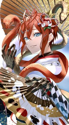 a woman with red hair holding an umbrella in front of her face and snake around her neck