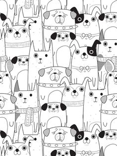 a large group of cats and dogs in black and white