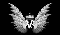 the letter v with angel wings and a crown on it's head is shown