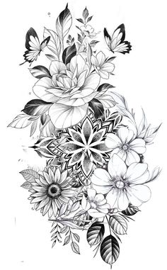 a black and white drawing of flowers with butterflies on it's back side, in the