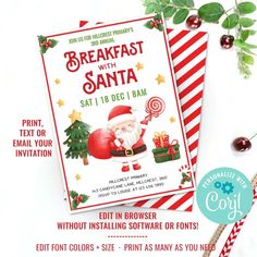 the breakfast with santa flyer is displayed on a table