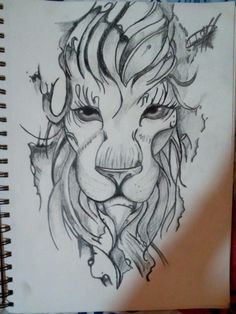 a pencil drawing of a lion's face on a notepad with writing underneath it