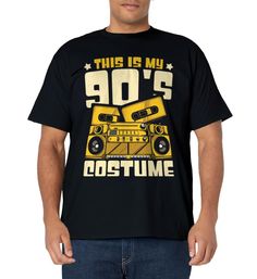 a man wearing a black t - shirt that says, this is my 90's costume