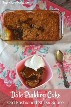 an old fashioned sticky sauce in a glass baking dish next to a spoon on a floral tablecloth