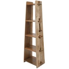 a wooden shelf with three shelves on each side